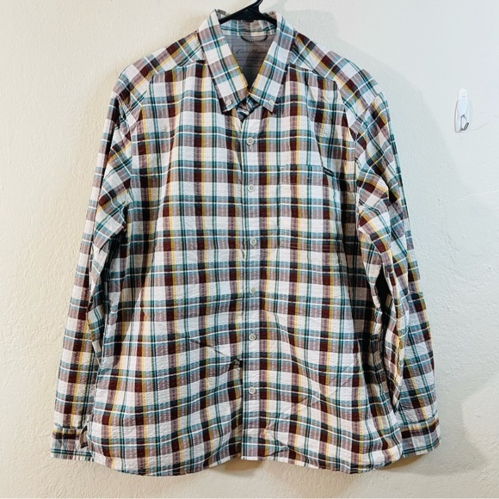 Eddie Bauer Classic Fit Button Up Shirt Green Plaid Mens Large Mesh Lined